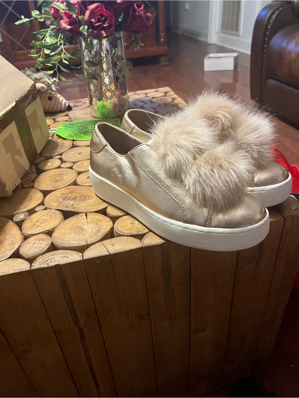 Steve Madden Metallic Gold Slip-On Sneakers with Beige Faux Fur Poms - Picture 4 of 4